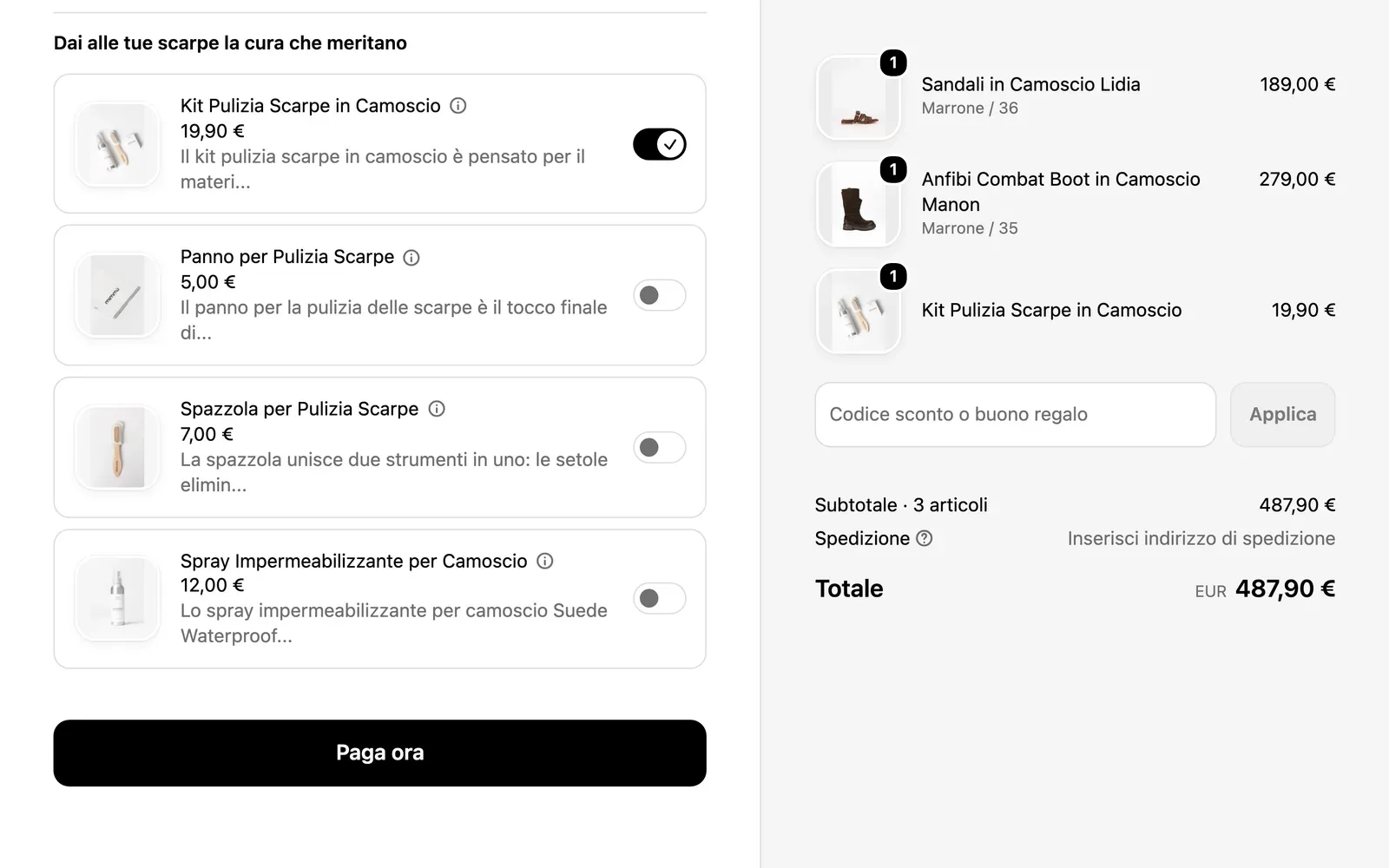 Mimmù's Shopify checkout with the Checkout Upsell Builder offer "Dai alle tue scarpe la cura che meritano": four shoe care add-ons with switches, the suede cleaning kit switched on and added to the order summary