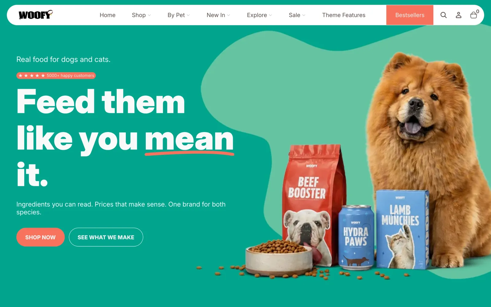 Home page of Woofy, a demo pet food store built on the Universe theme by Developpy